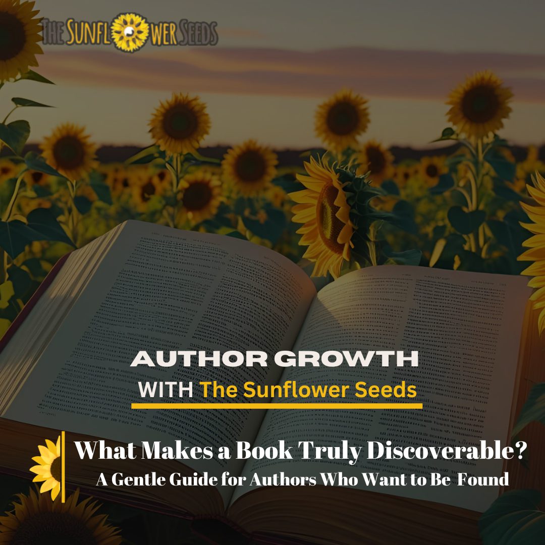 Open book in a sunflower field at sunset, symbolizing growth and storytelling.