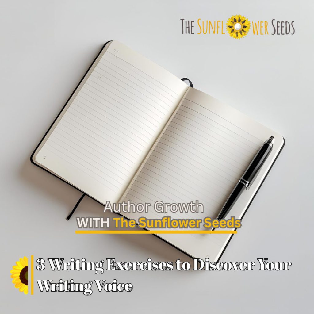 Minimal writing desk with open notebook and pen, soft lighting, symbolizing creative writing and discovering your unique author voice