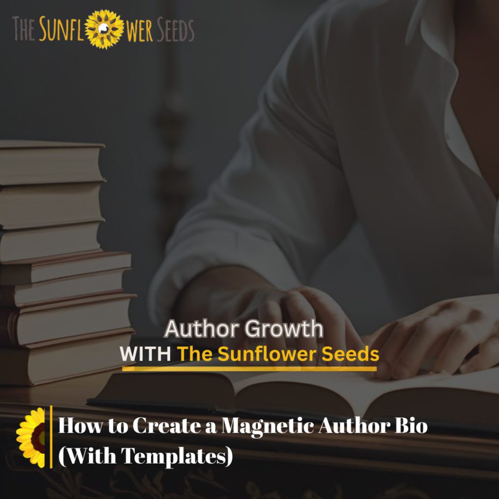 Author writing magnetic bio at desk surrounded by books