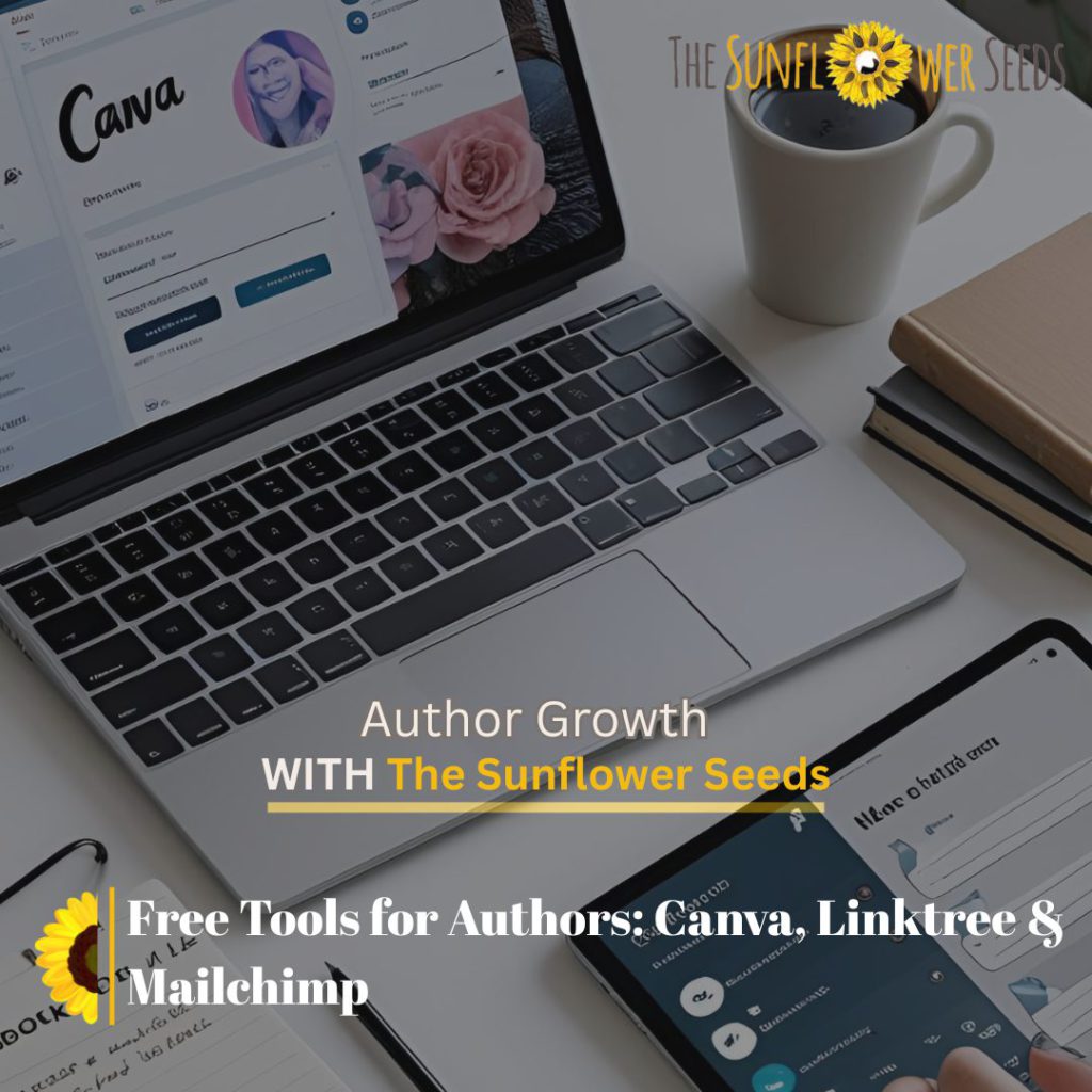 Author workspace featuring free tools for authors like Canva, Linktree, Mailchimp, and books by The Sunflower Seeds