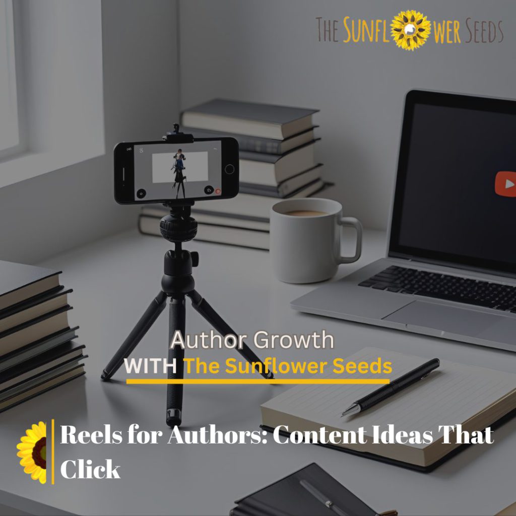 Minimal author desk with white light, smartphone recording Reels, books, and content creation elements