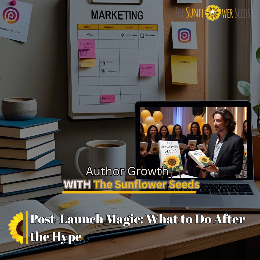 Author planning post book launch marketing strategy with books, laptop, and calendar