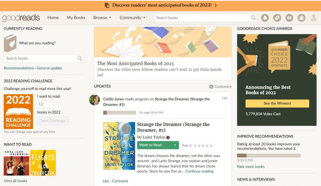 Goodreads home snippet showing how to market your books.