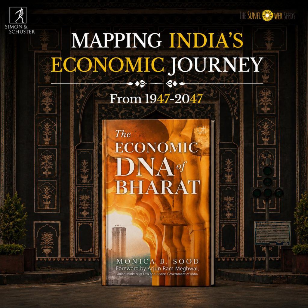 Cover of "The Economic DNA of Bharat" by Monica B. Sood displayed at a historic Indian monument, illustrating India's economic journey from 1947 to 2047