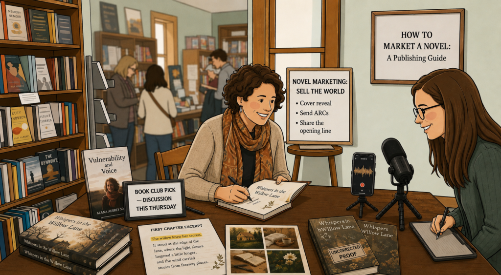 first-time author discussing how to market a novel at a bookstore event