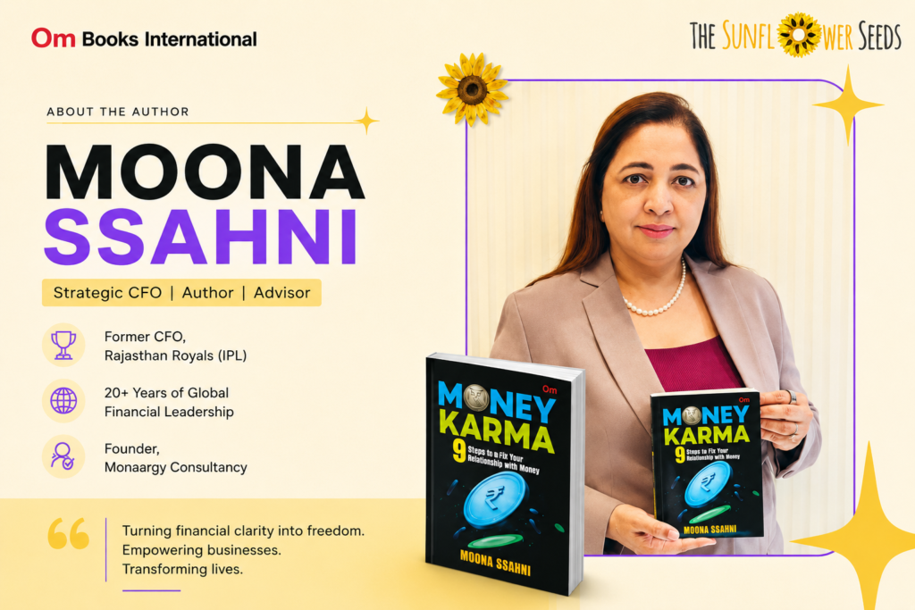 Money Karma author Moona Ssahni holding her book