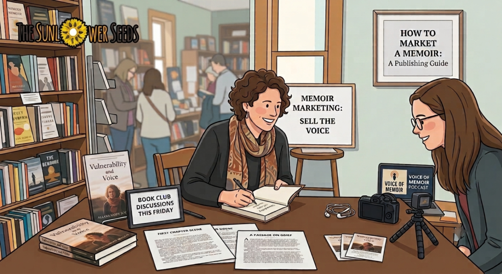 Author signing her memoir "Vulnerability and Voice" during a book club and podcast event