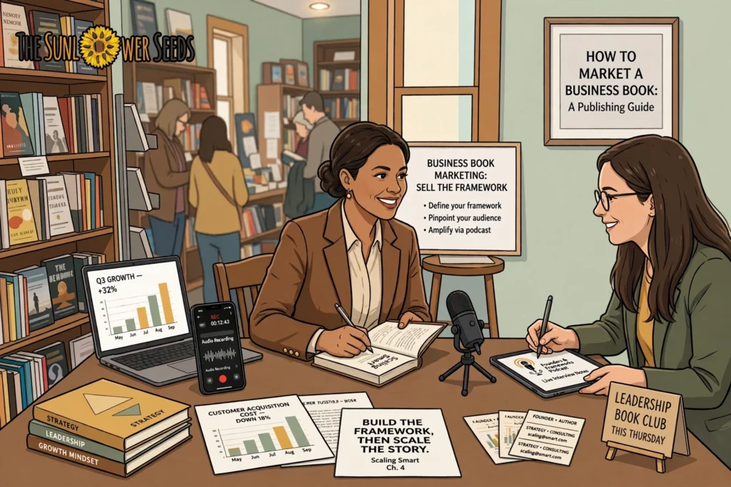 Business book author being interviewed at a bookstore table, with charts, a podcast microphone, and a 'How to Market a Business Book' publishing guide poster in the background