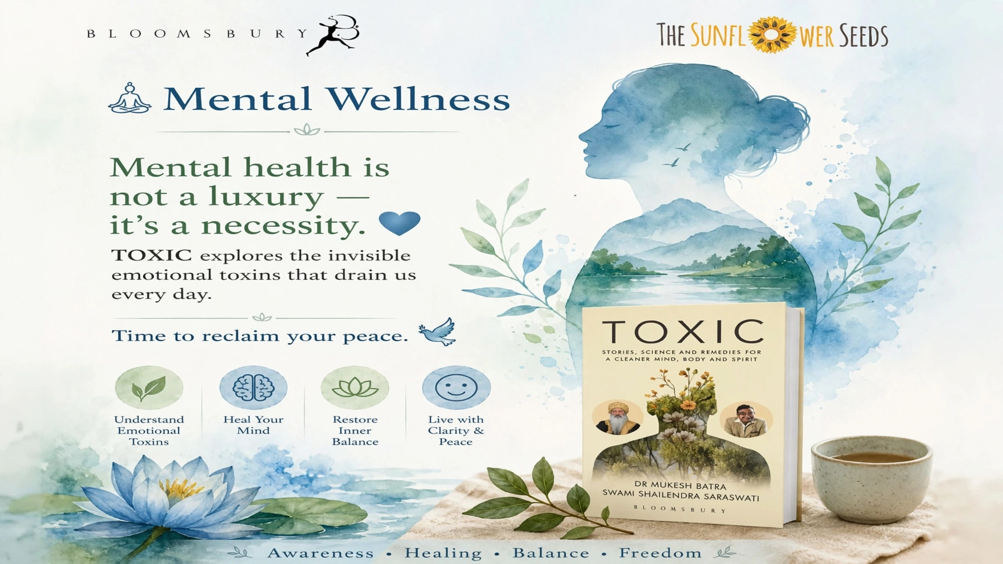 Woman silhouette with mountain and river illustration promoting TOXIC book on mental wellness